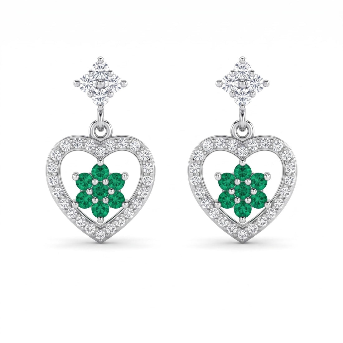 Green Floral Heart Drop 925 silver drop stud earrings for women, festive gift, shown as a matching pair