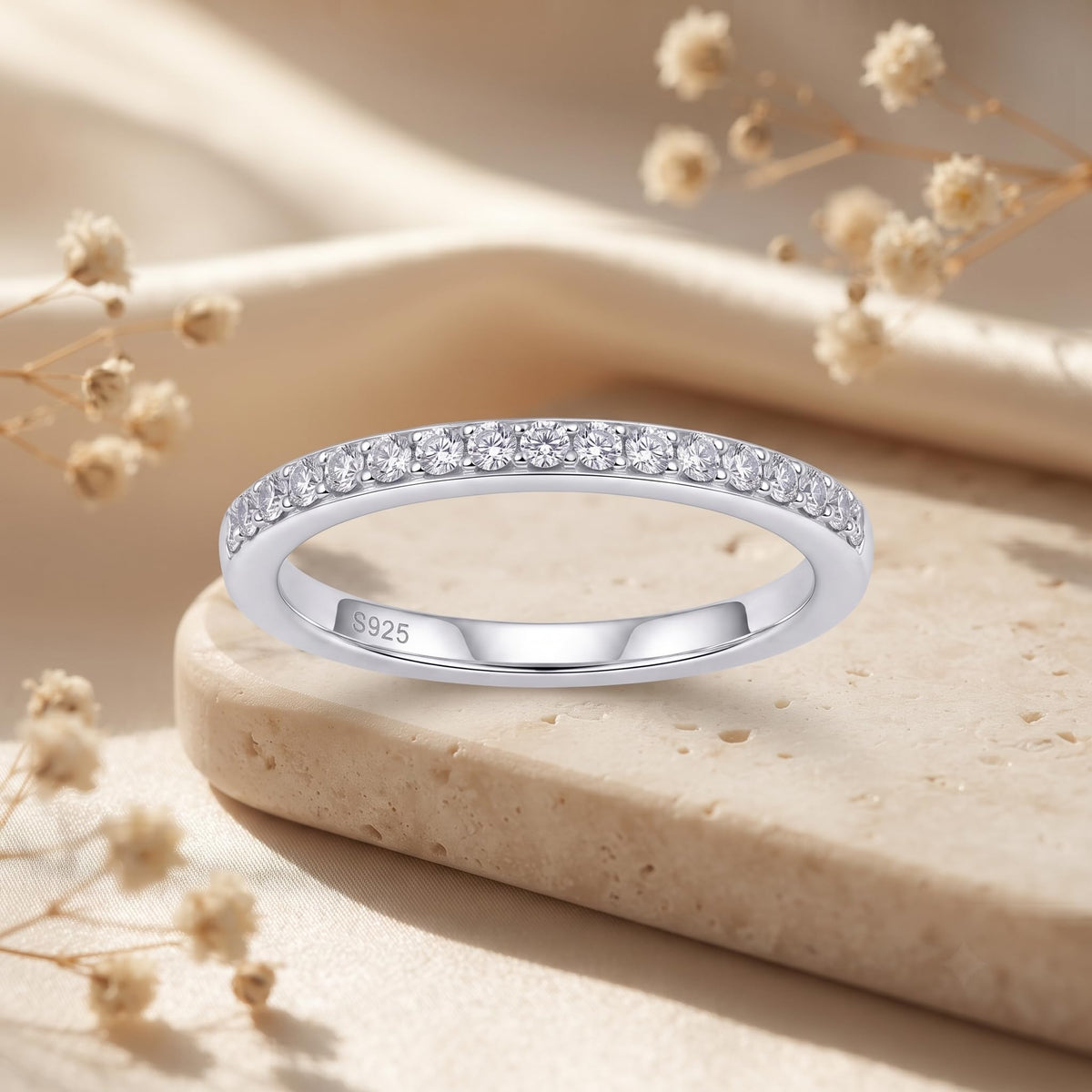 Silvme Clear CZ Half-Eternity 925 sterling silver ring for women set with cubic zirconia — close-up detail