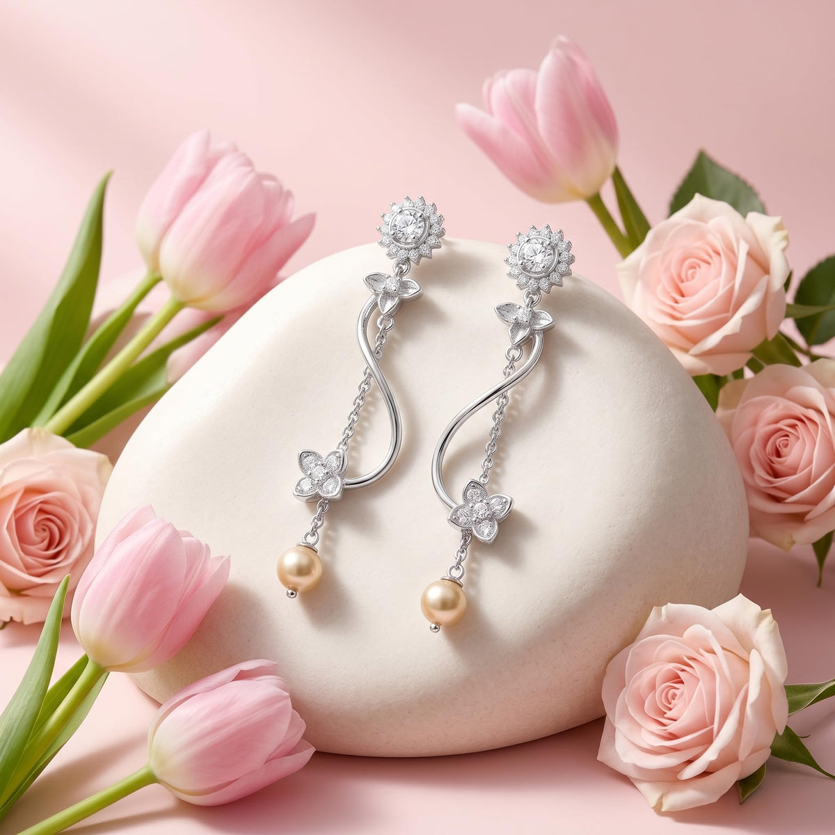 Sunflower Stone-Set Pearl-Look Accent Tassel Drop Earrings, additional product view 3