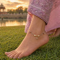Charm, bead and chain detail on the Silvme rose-gold CZ leaf & square charm 925 silver anklet payal