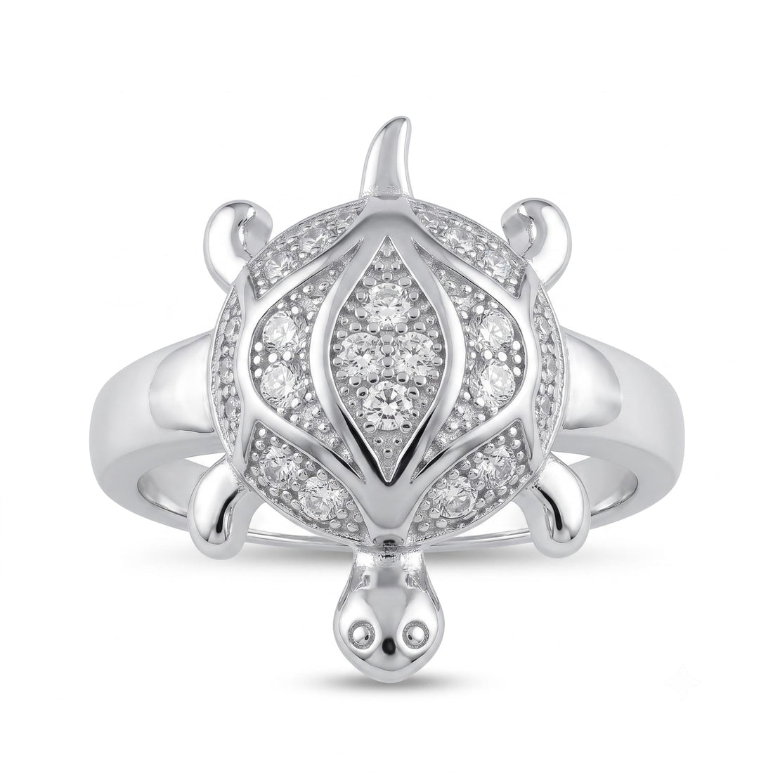 Silvme statement turtle 925 sterling silver ring for women with marquise centre stone inside a full halo shell