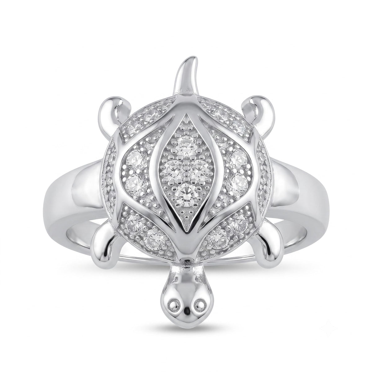 Silvme statement turtle 925 sterling silver ring for women with marquise centre stone inside a full halo shell