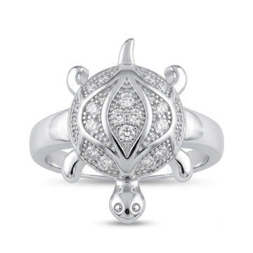 Silvme statement turtle 925 sterling silver ring for women with marquise centre stone inside a full halo shell