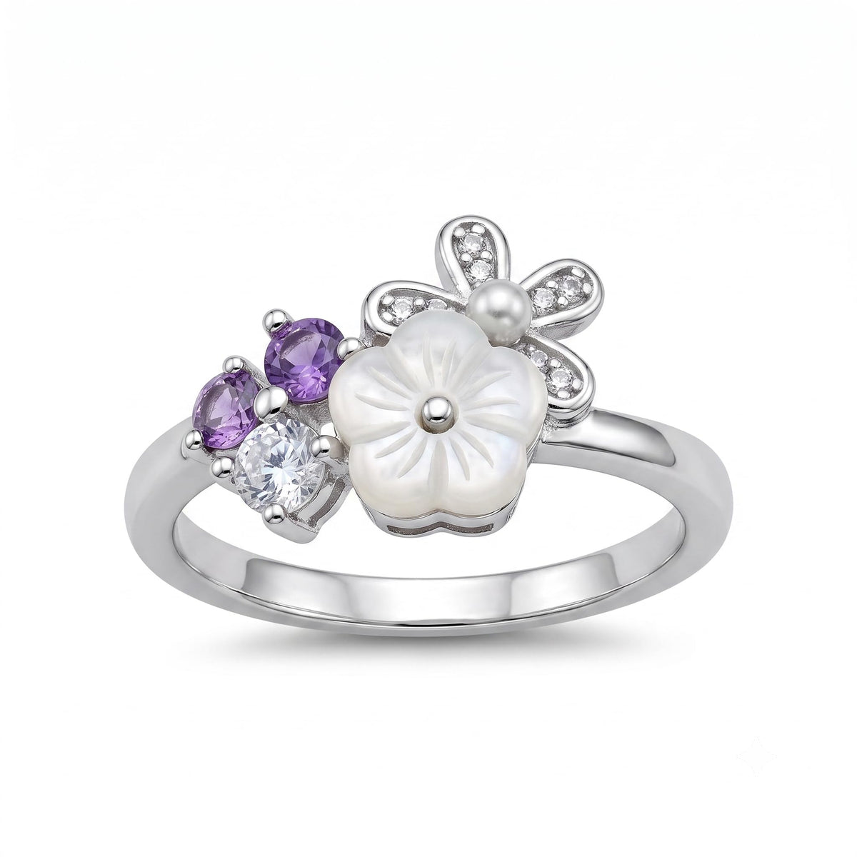 Silvme Purple Daisy Flower Cluster 925 sterling silver ring for women — front view on white background