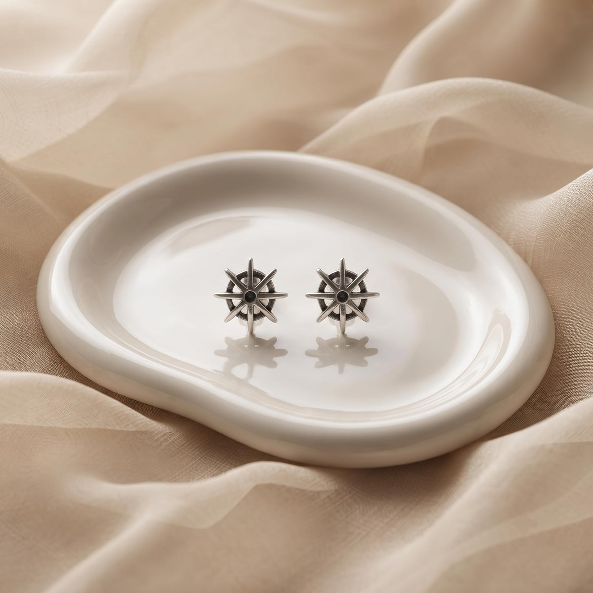 Compass Star 925 silver stud earrings for women, everyday wear, extra angle view