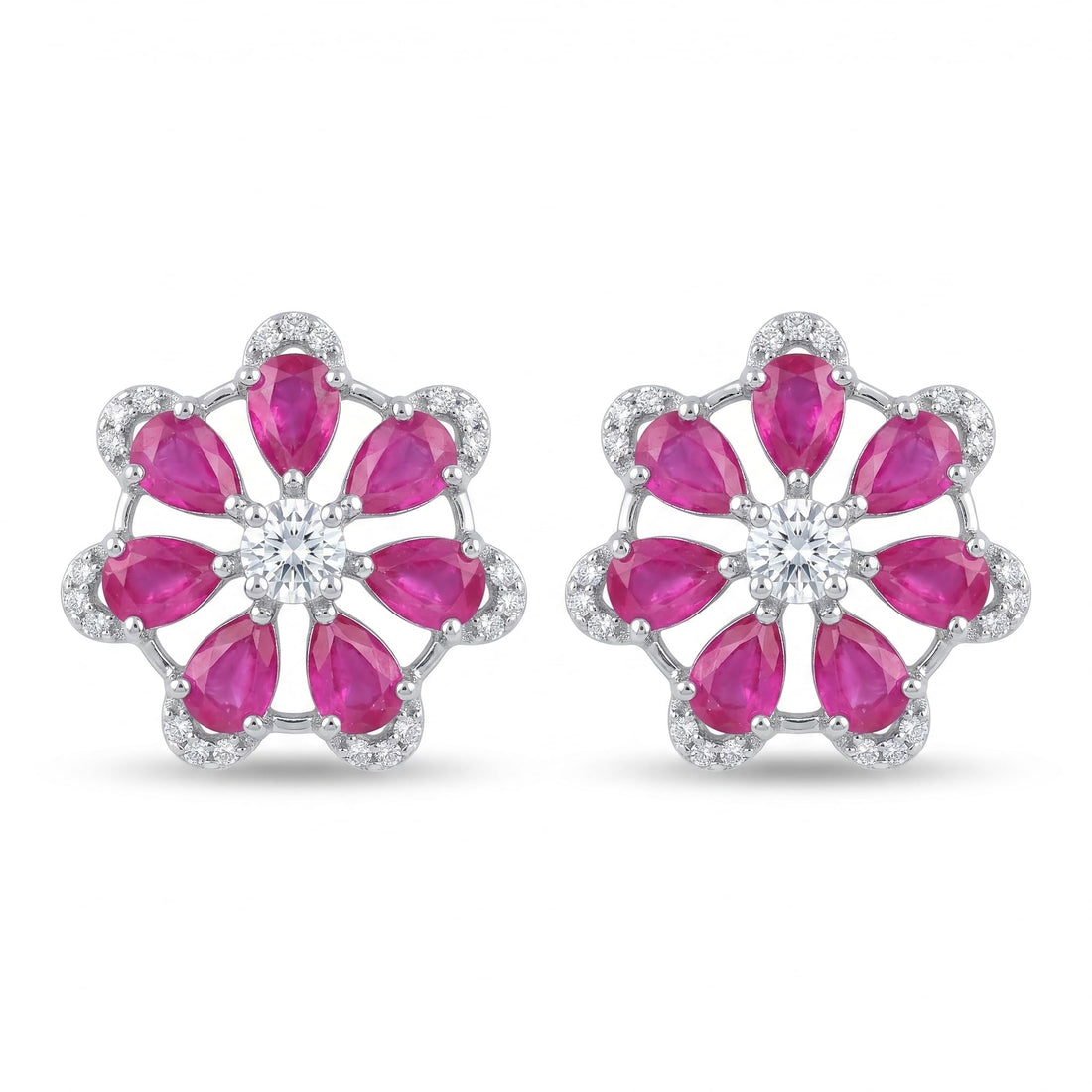 Pink-Centre Five-Petal Floral Stud Earrings, front product view