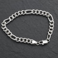 Close-up of flat Figaro links with a broad, mirror-bright face on the Silvme polished figaro chain bracelet