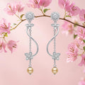 SILVME 925 Sterling Silver Sunflower Stone-Set Pearl-Look Accent Tassel Drop Earrings