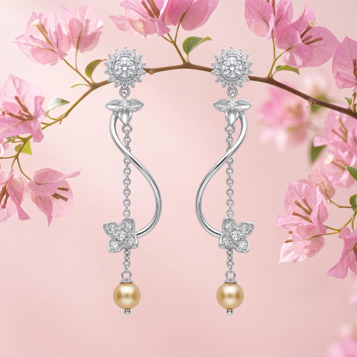 SILVME 925 Sterling Silver Sunflower Stone-Set Pearl-Look Accent Tassel Drop Earrings