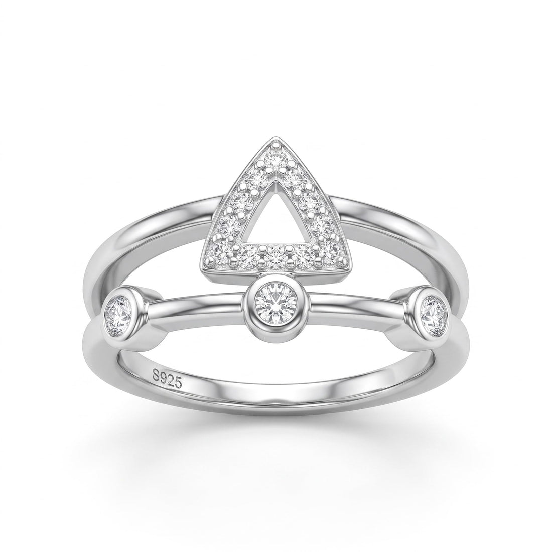 Silvme Geometric Triangle Bezel 925 sterling silver ring for women set with cubic zirconia — front view on white background