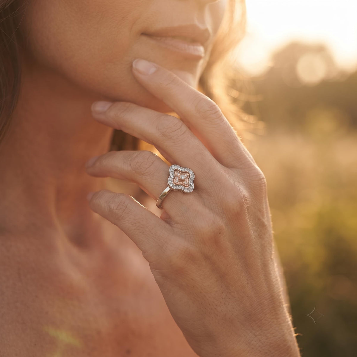Silvme Flower Stack with cubic zirconia 925 sterling silver floral ring for women, two-tone rose gold and silver, diamond look ring, zircon ring for women, on-hand styling view