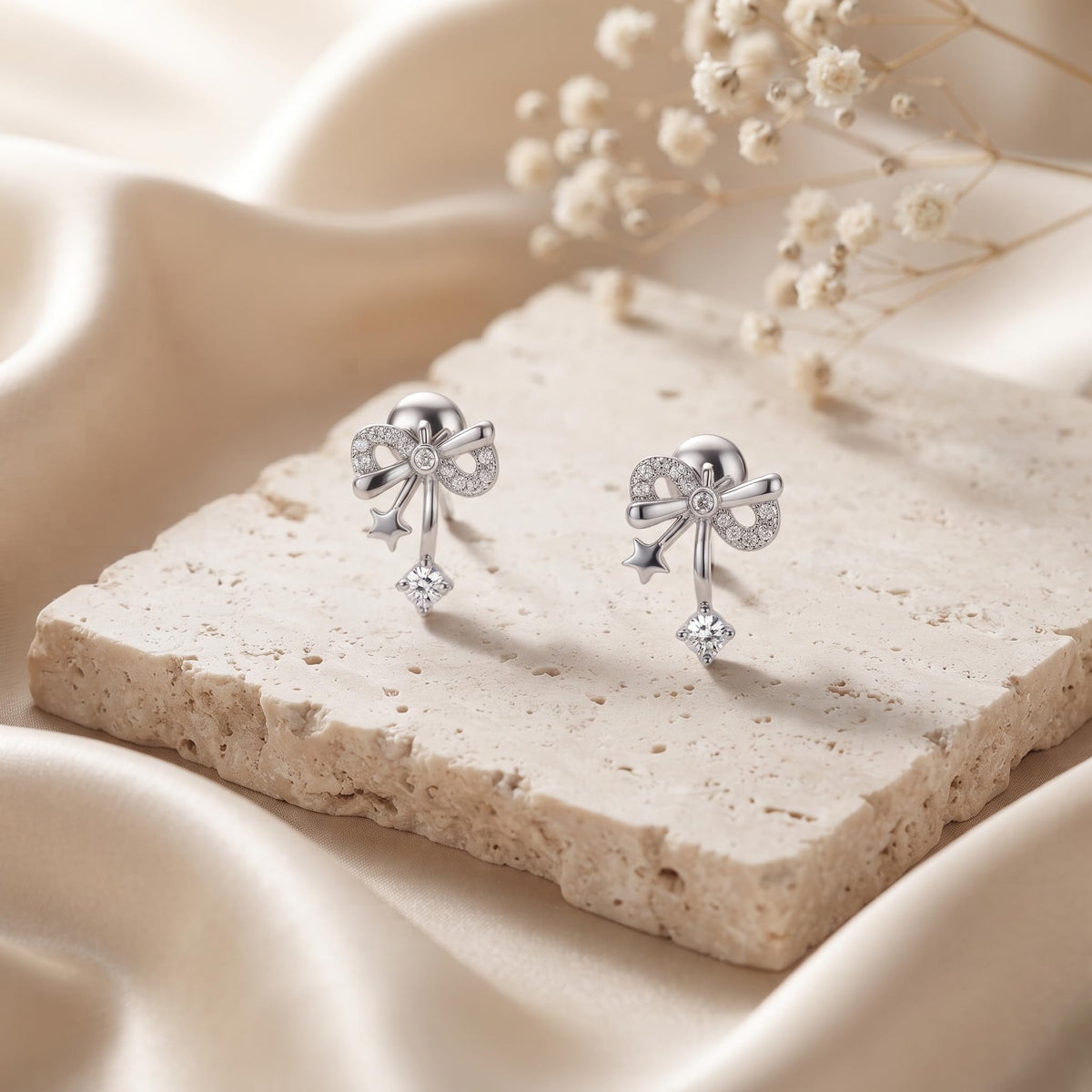 Bow & Star 925 silver stud earrings for women, daily wear, extra angle view
