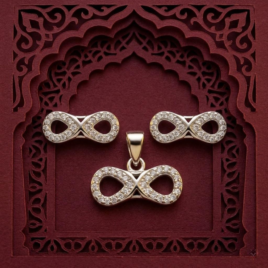 Silvme pure 925 sterling silver infinity pendant and stud earrings set with cubic zirconia, side profile view