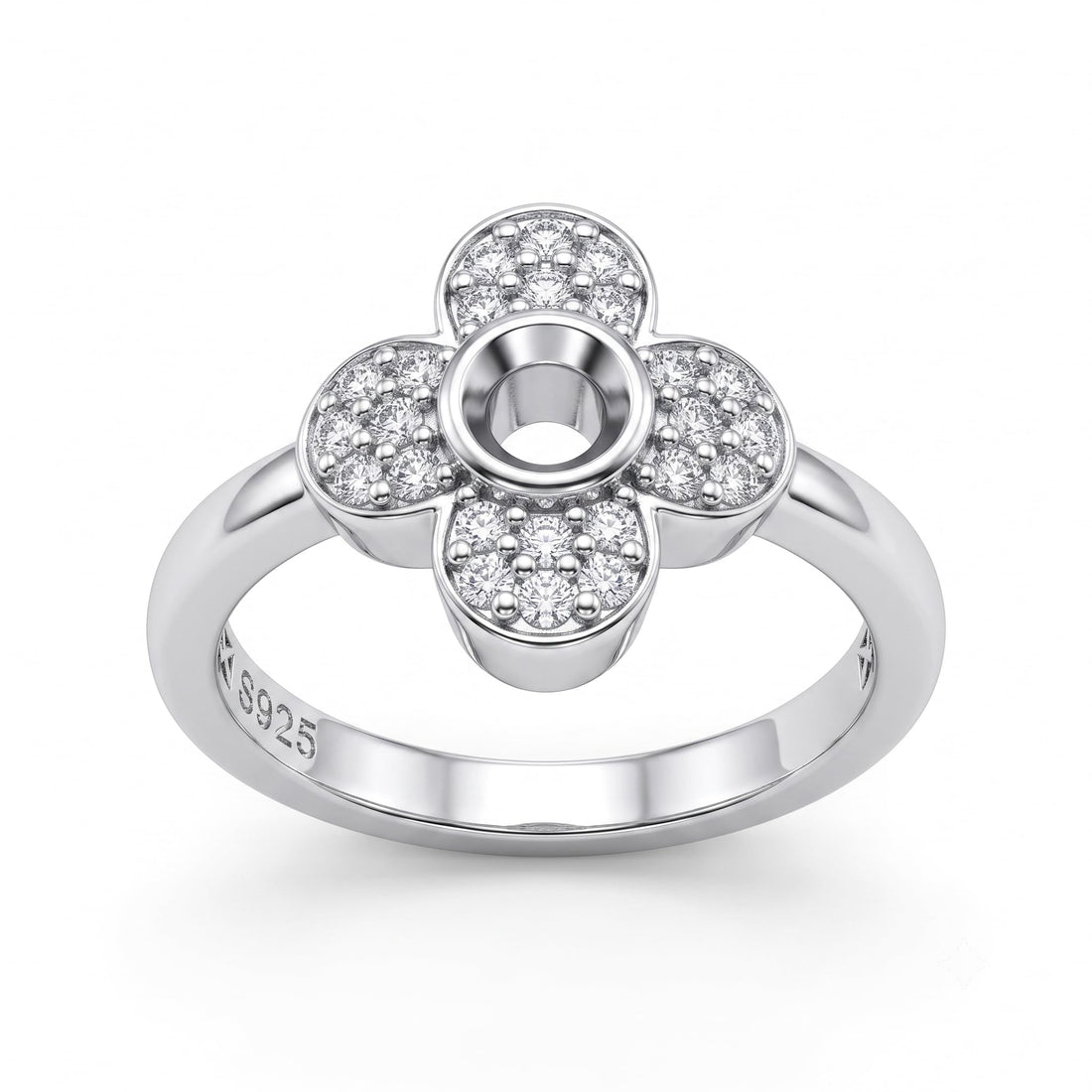 Silvme Four-Petal Pavé Flower 925 sterling silver ring for women set with cubic zirconia — front view on white background