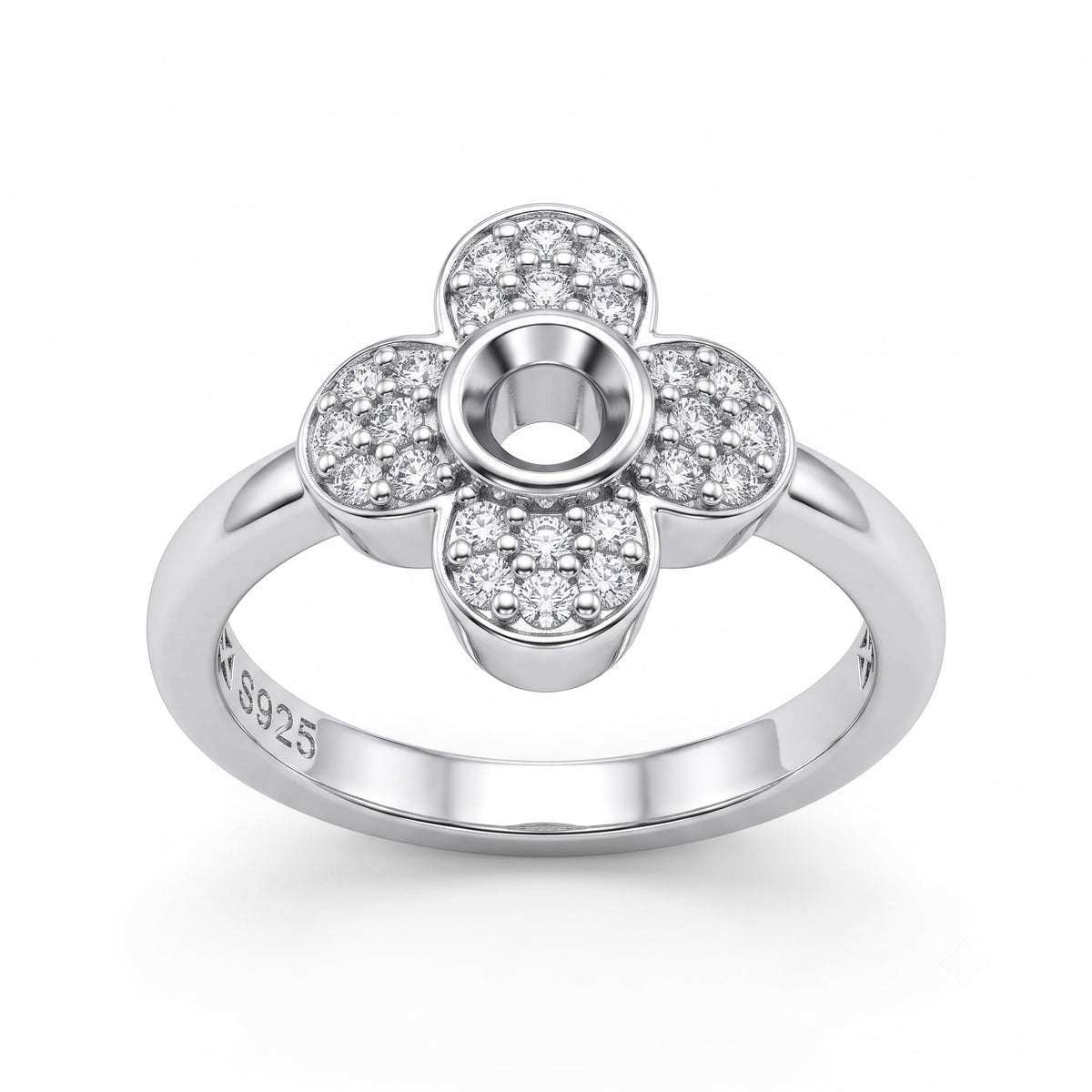 Silvme Four-Petal Pavé Flower 925 sterling silver ring for women set with cubic zirconia — front view on white background