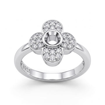 Silvme Four-Petal Pavé Flower 925 sterling silver ring for women set with cubic zirconia — front view on white background