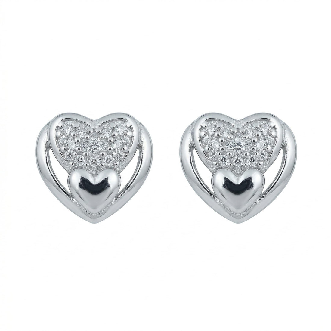 Nested Double-Heart Stone-Set Stud Earrings, front product view