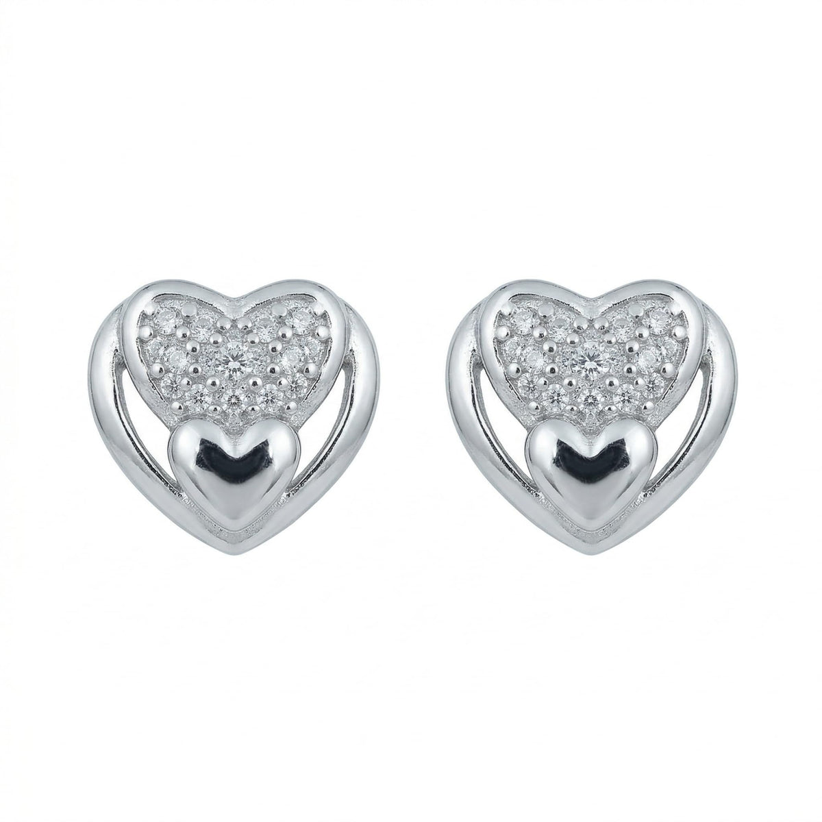 Nested Double-Heart Stone-Set Stud Earrings, front product view