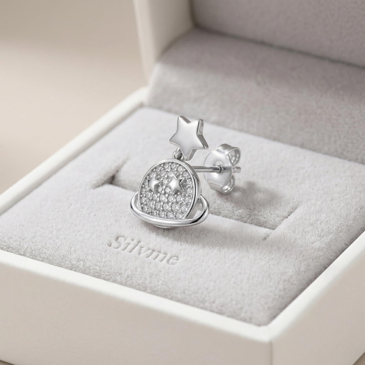 Planet & Star Drop Earrings with Stone-Set, close-up detail, view 5
