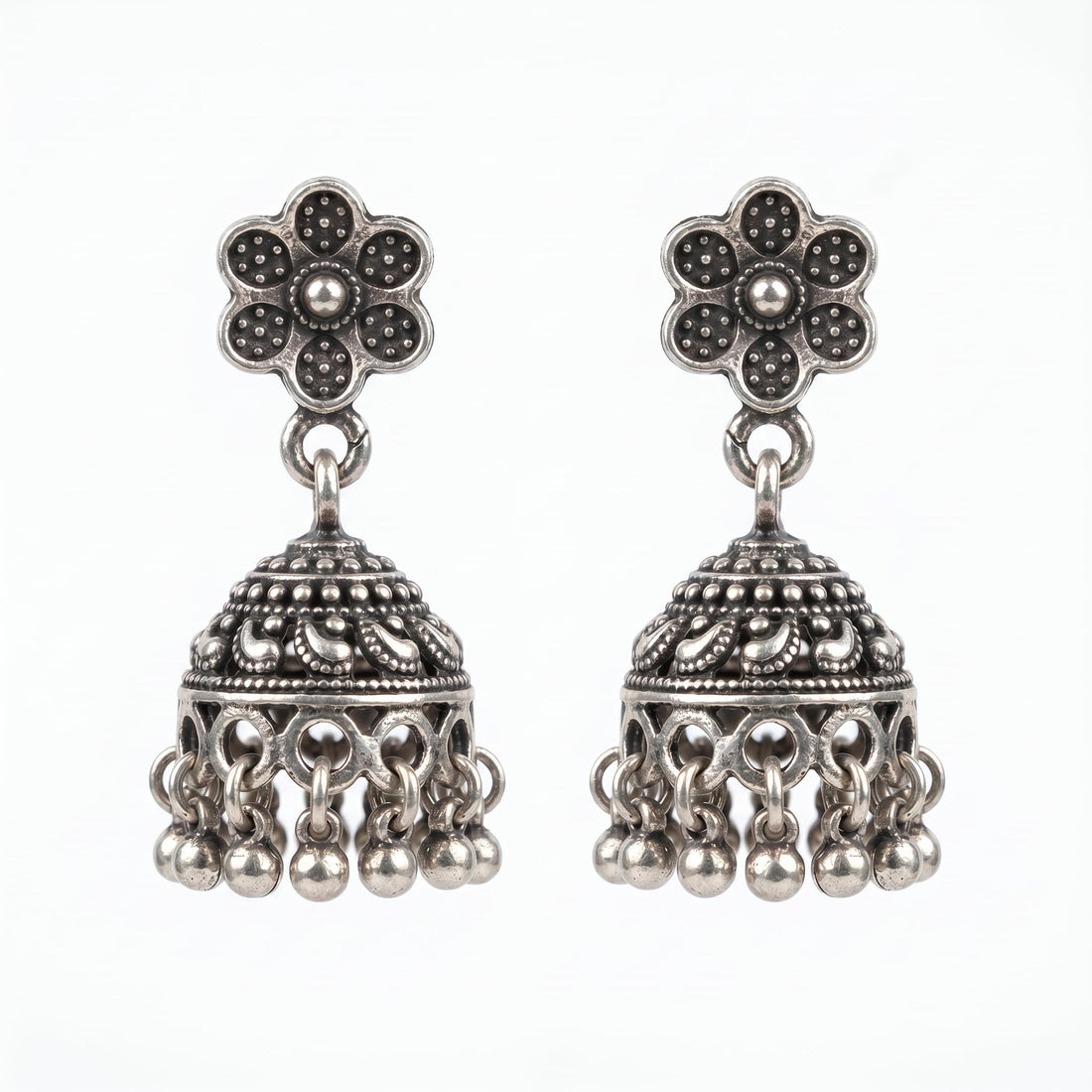 Oxidised Floral Jhumka Earrings, front product view