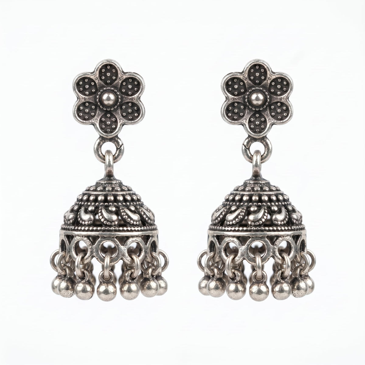 Oxidised Floral Jhumka Earrings, front product view