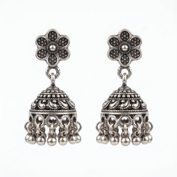 Oxidised Floral Jhumka Earrings, front product view