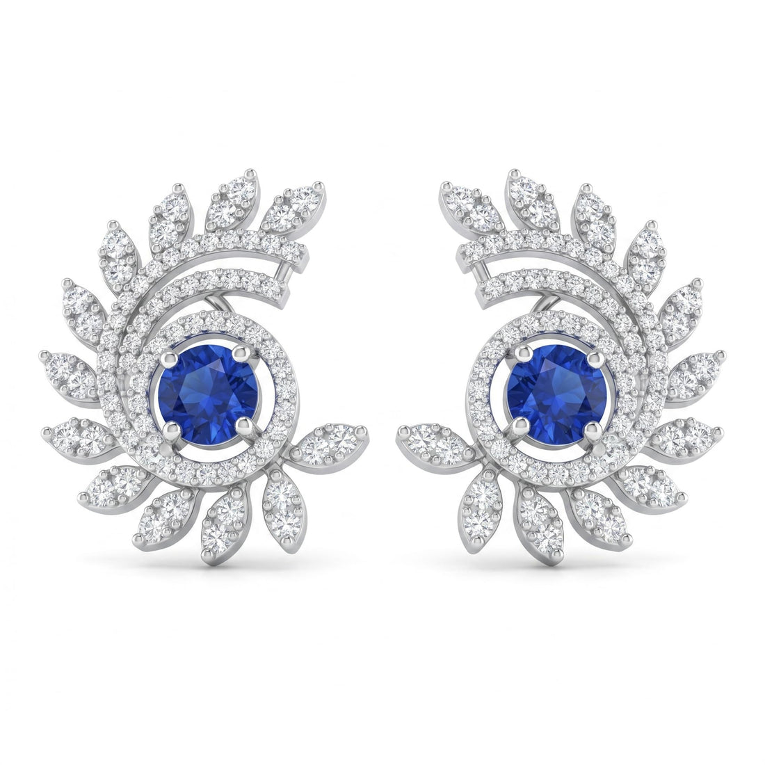Blue Stone-Set Halo Feather-Leaf Stud Earrings, front product view