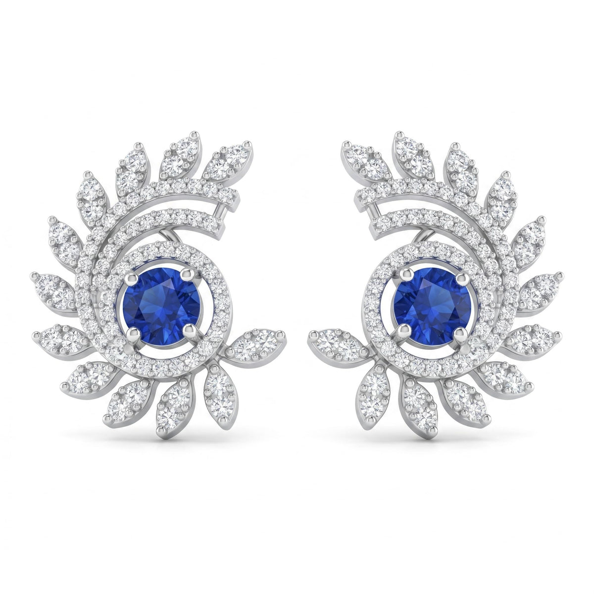 Blue Stone-Set Halo Feather-Leaf Stud Earrings, front product view