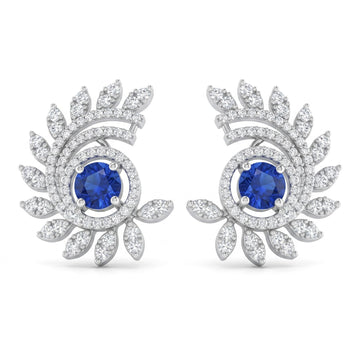 Blue Stone-Set Halo Feather-Leaf Stud Earrings, front product view