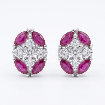 Pink Oval Floral Stone-Set Stud Earrings, front product view