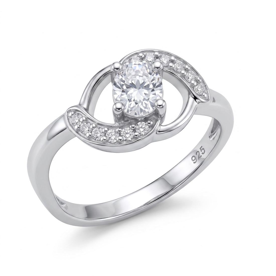 Silvme Oval Orbit Solitaire 925 sterling silver ring for women set with cubic zirconia — front view on white background