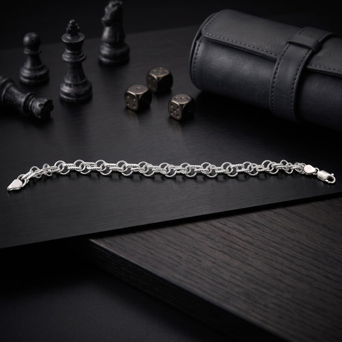 Close-up of a fine rolo chain kept deliberately understated on the Silvme fine rolo chain bracelet
