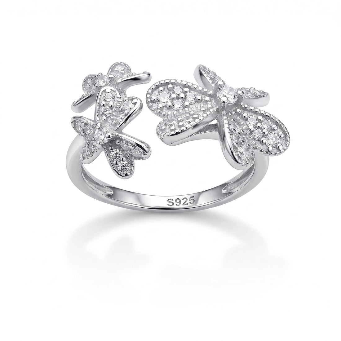 Silvme Butterfly Garden Open 925 sterling silver ring for women set with cubic zirconia — front view on white background