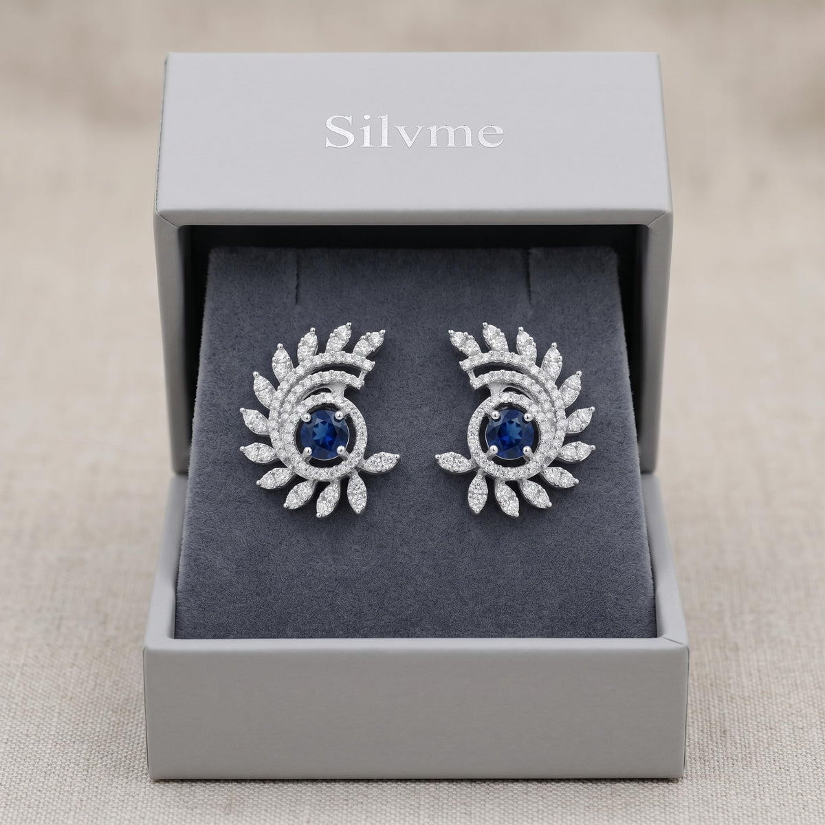 Blue Stone-Set Halo Feather-Leaf Stud Earrings, additional product view 6