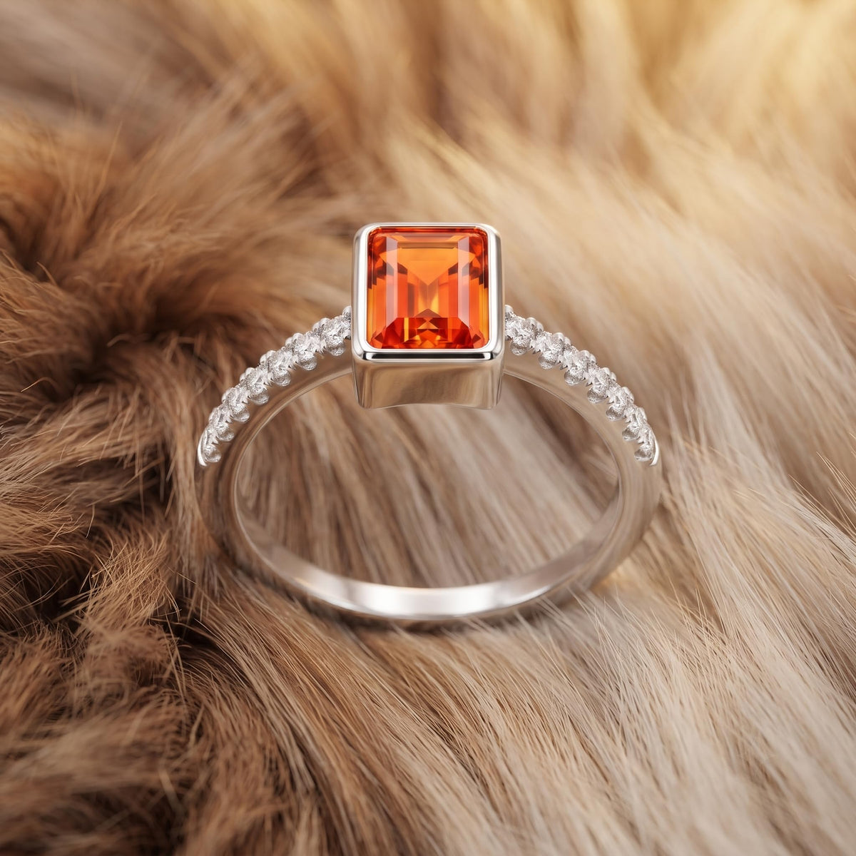 Silvme Emerald-Cut Orange 925 sterling silver ring for women set with cubic zirconia — macro close-up