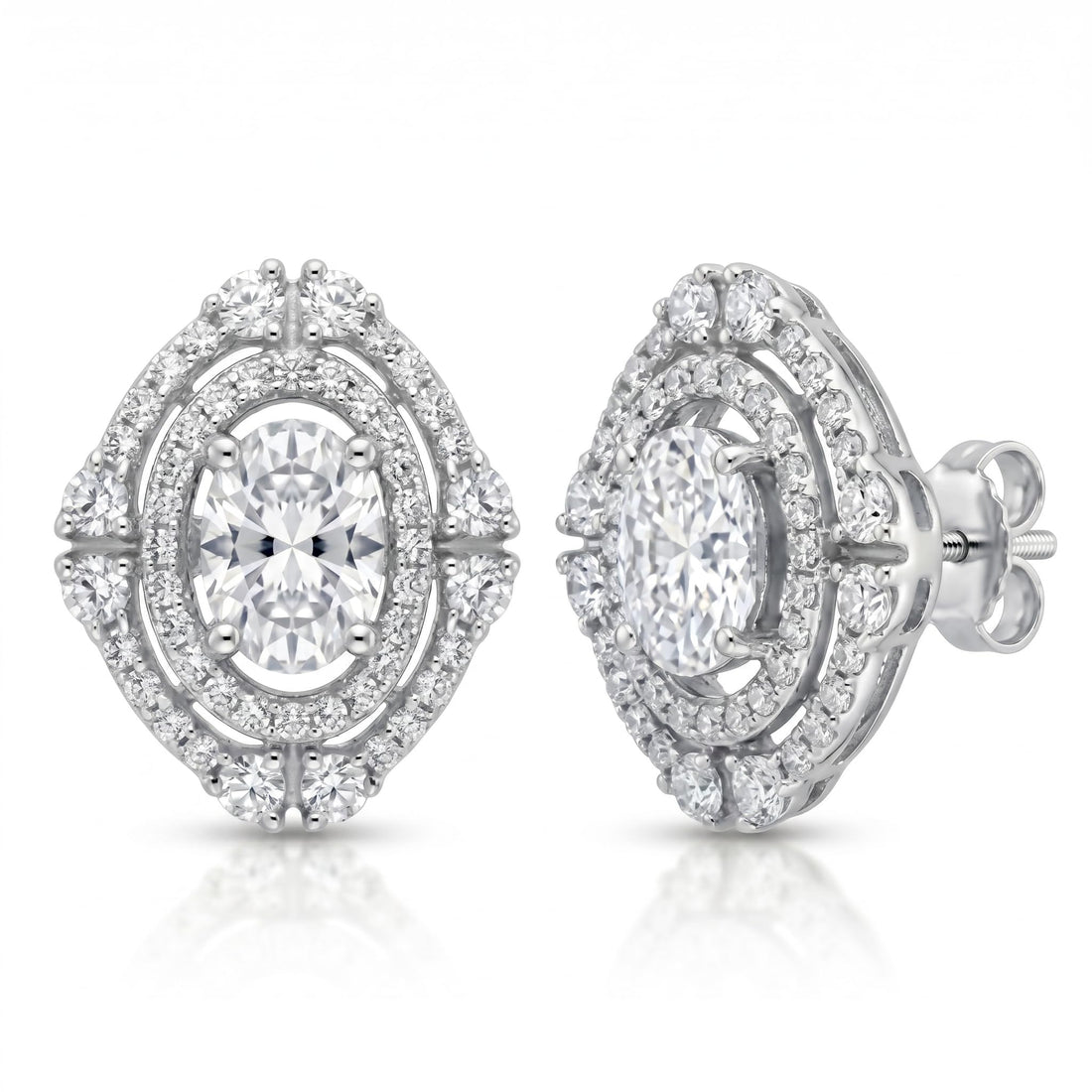 Double Halo Oval Stone-Set Solitaire Stud Earrings, front product view