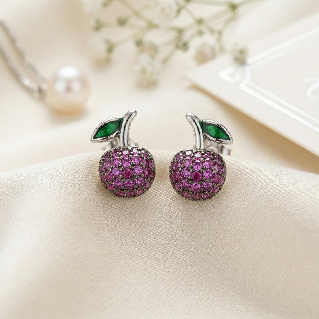 Cherry Design Stone-Set Stud Earrings, front product view