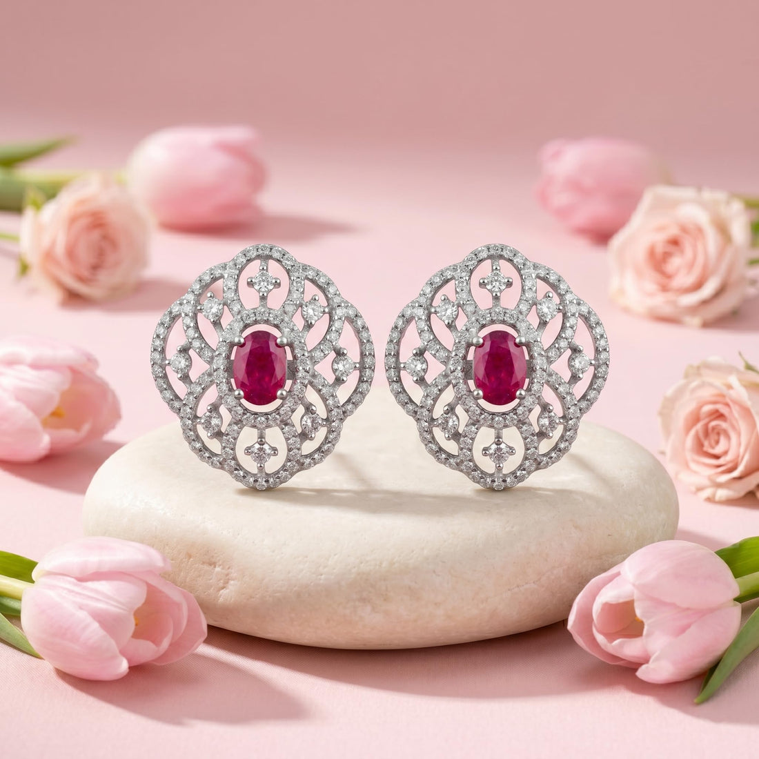 Pink Oval Filigree-Halo Stud Earrings, front product view
