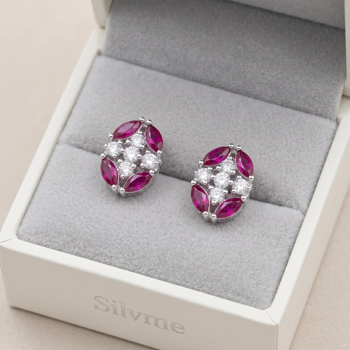Pink Oval Floral Stone-Set Stud Earrings, additional product view 7