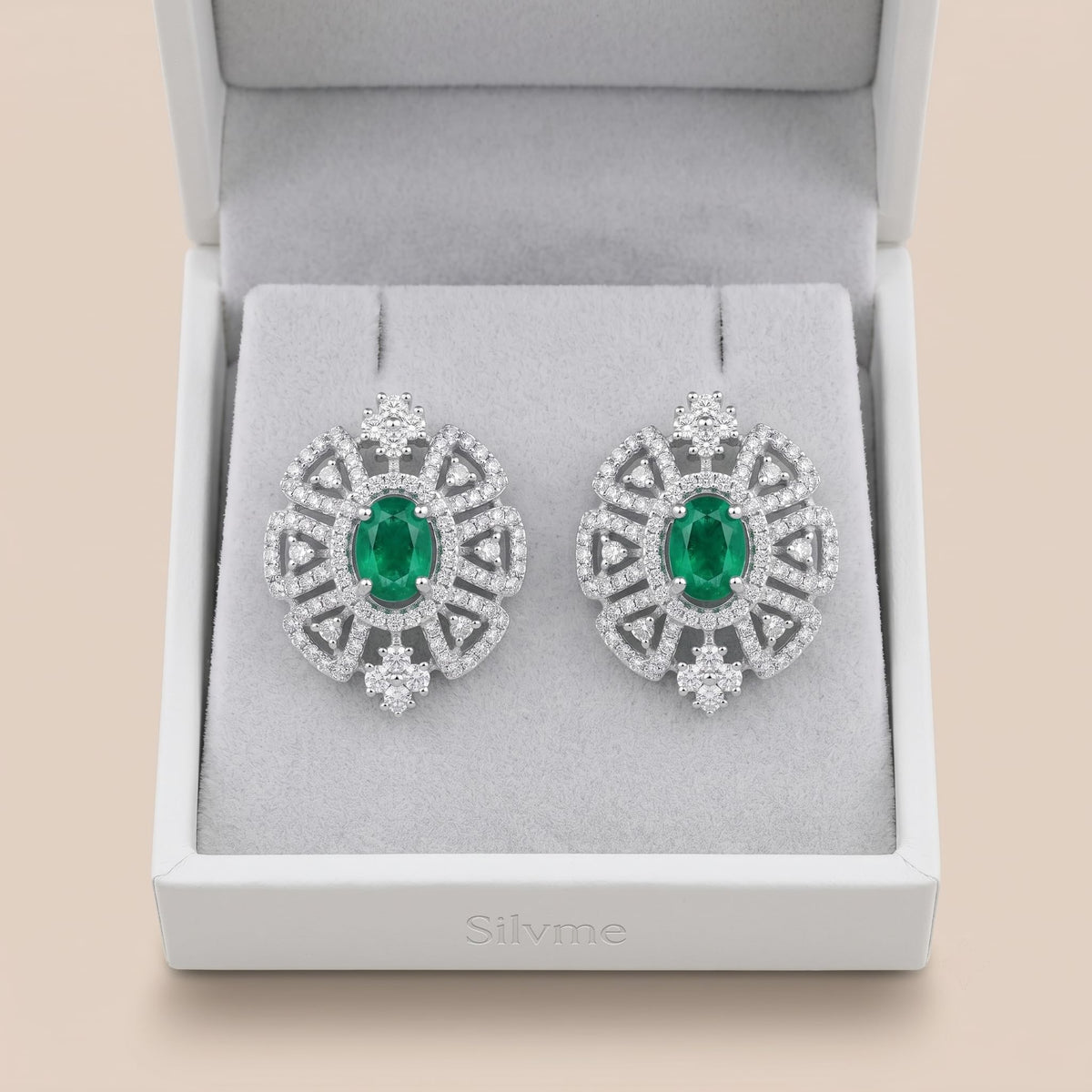 Green Round Stone-Set Stud Earrings, close-up detail, view 5