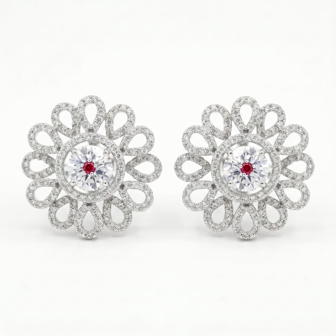 Petal Lattice Stone-Set Stud Earrings with Red Accent, front product view
