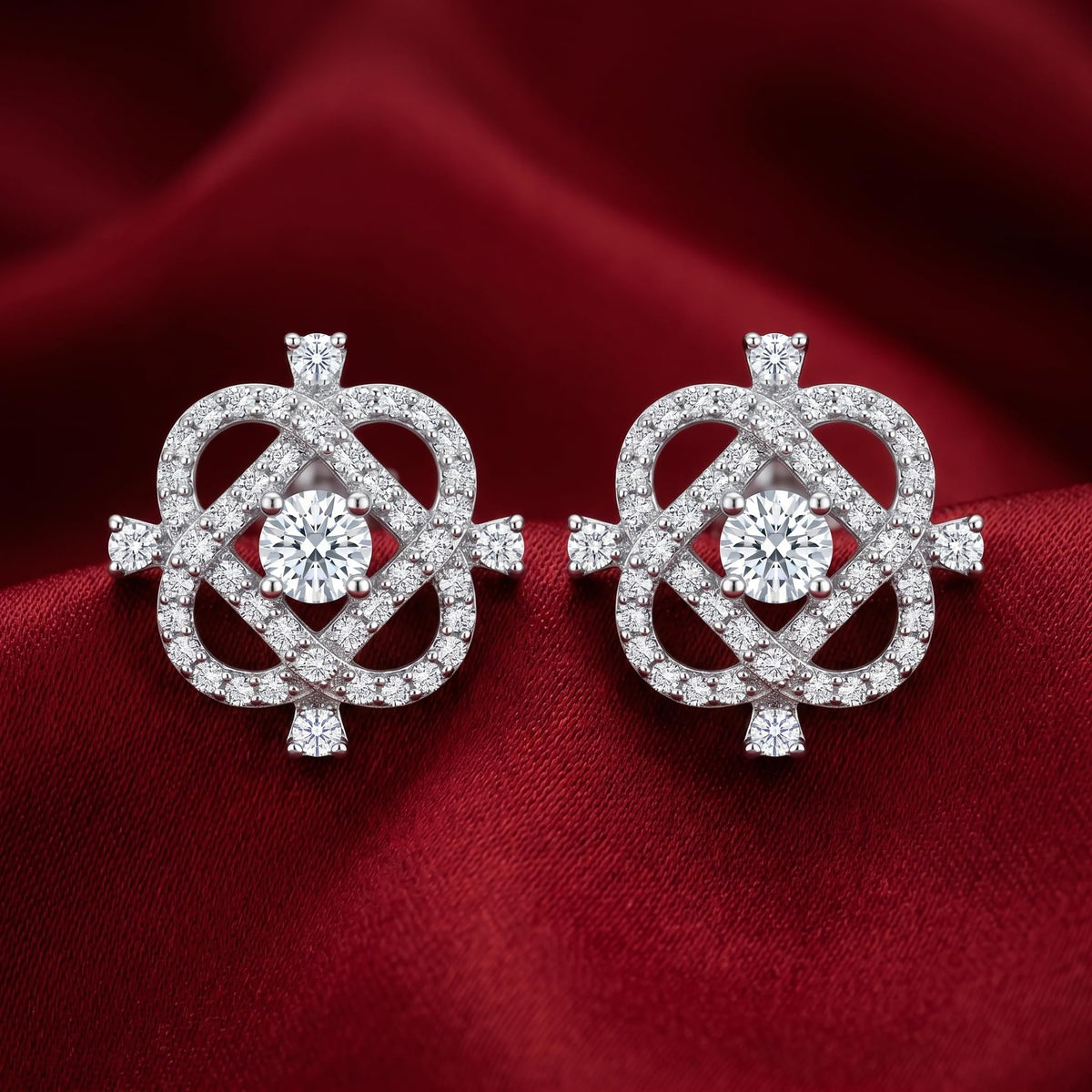 Diamond-Shaped Frame Stone-Set Stud Earrings, close-up detail