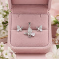 Silvme 925 silver pink butterfly pendant and stud earrings with pink cubic zirconia, matching earrings close-up