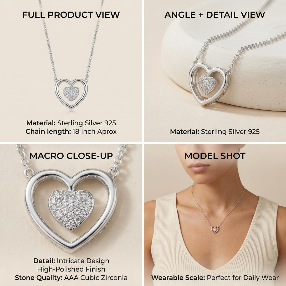 Silvme 925 Sterling Silver Double Heart Pendant Necklace