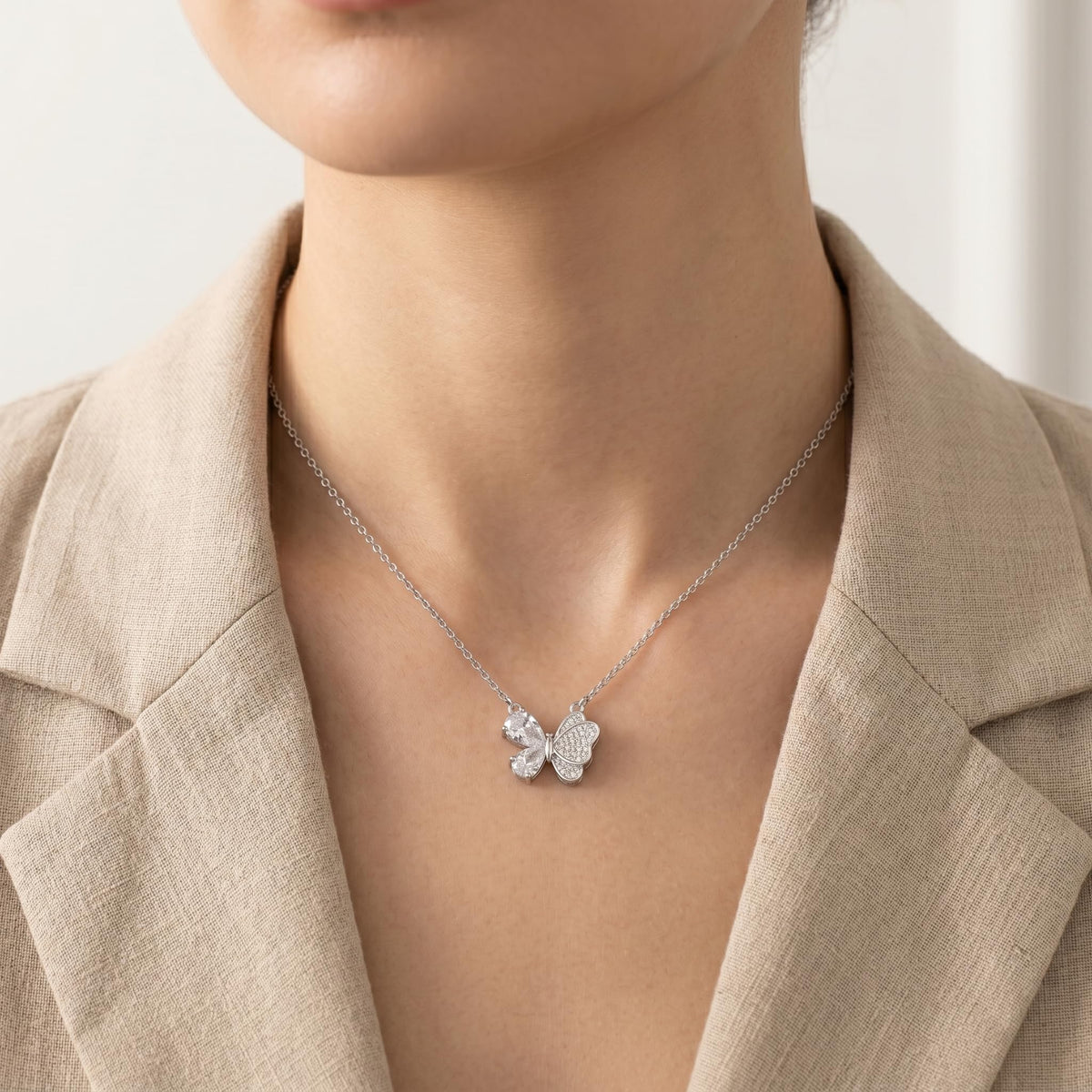 Silvme Sparkling Butterfly Pendant Necklace with its softly polished 925 silver surface for women