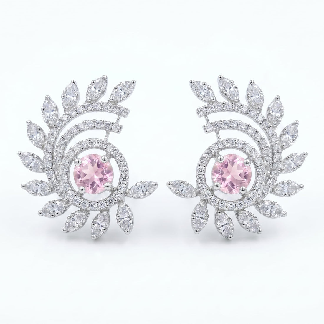 Pink-Centre Feather-Leaf Stud Earrings, front product view