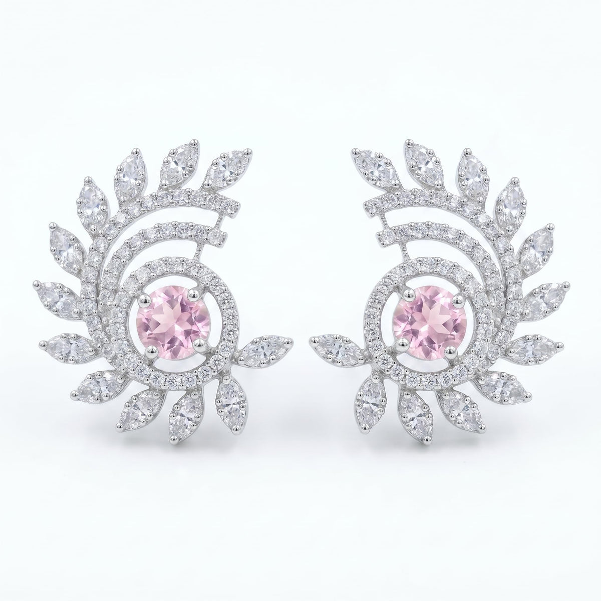 Pink-Centre Feather-Leaf Stud Earrings, front product view