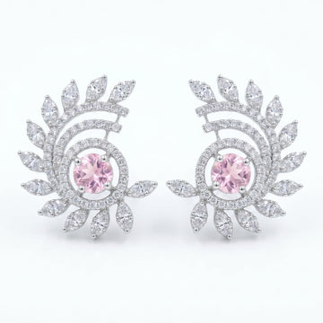 Pink-Centre Feather-Leaf Stud Earrings, front product view