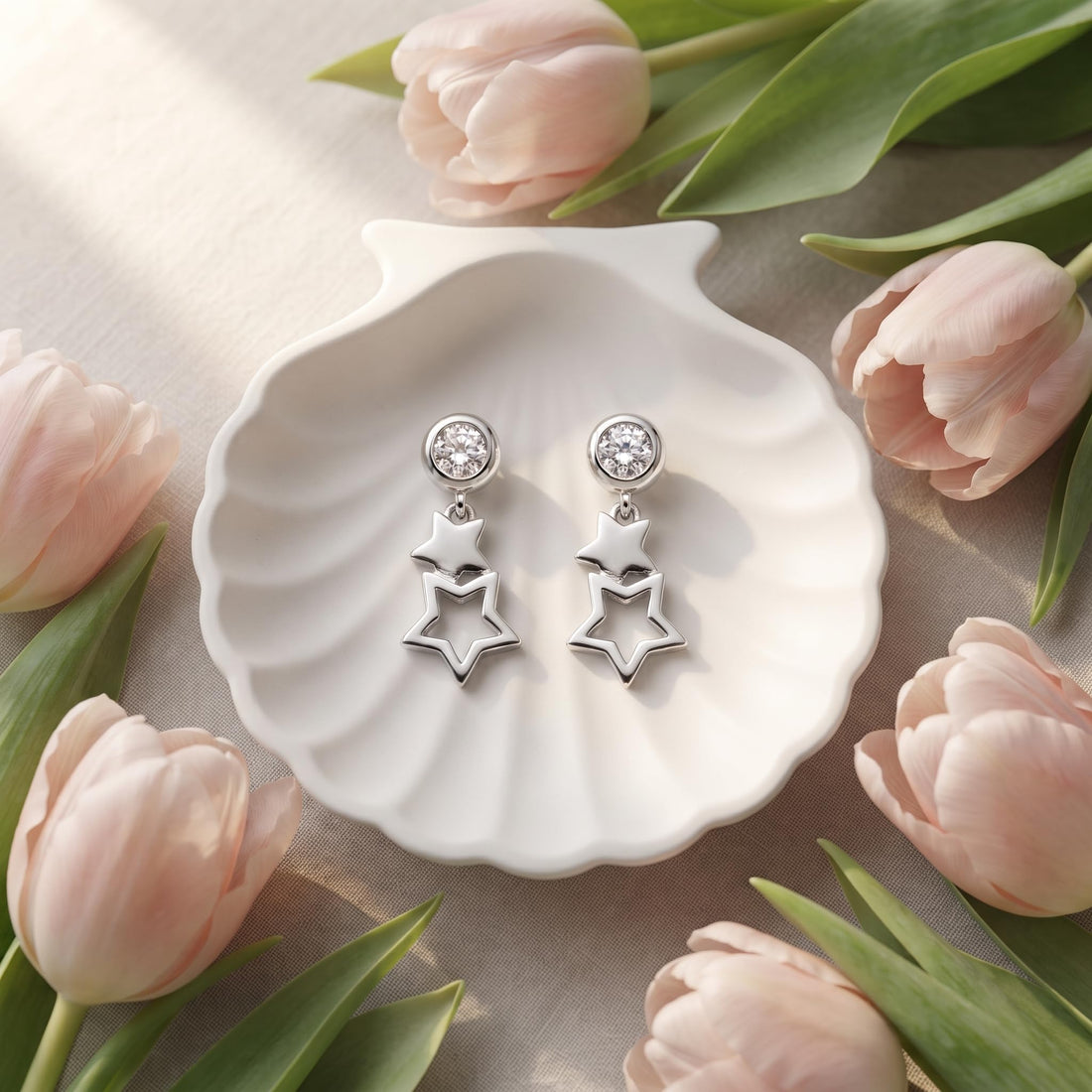 Double Star Drop 925 silver drop stud earrings for women, gift for girlfriend, shown as a matching pair