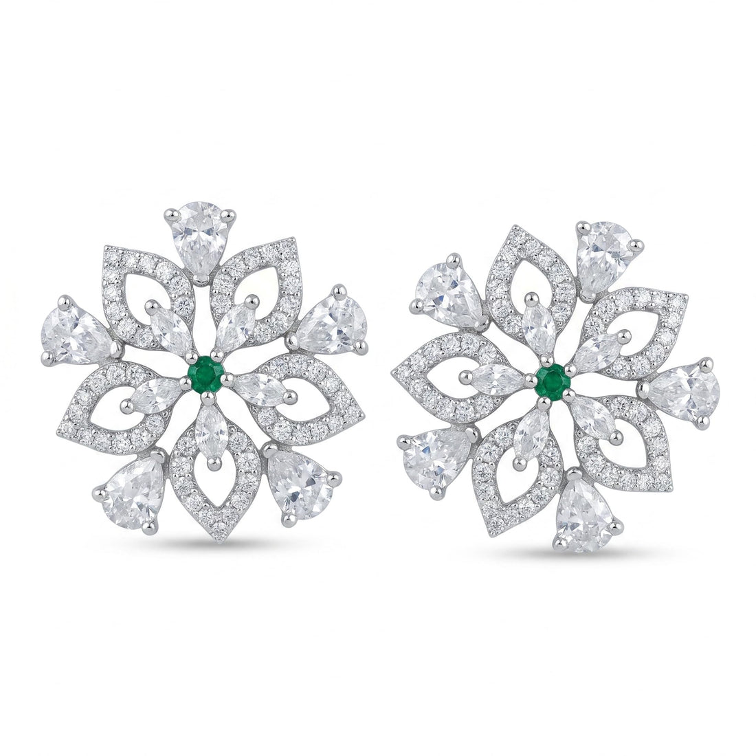 Snowflake Green Stone-Set Stud Earrings, front product view